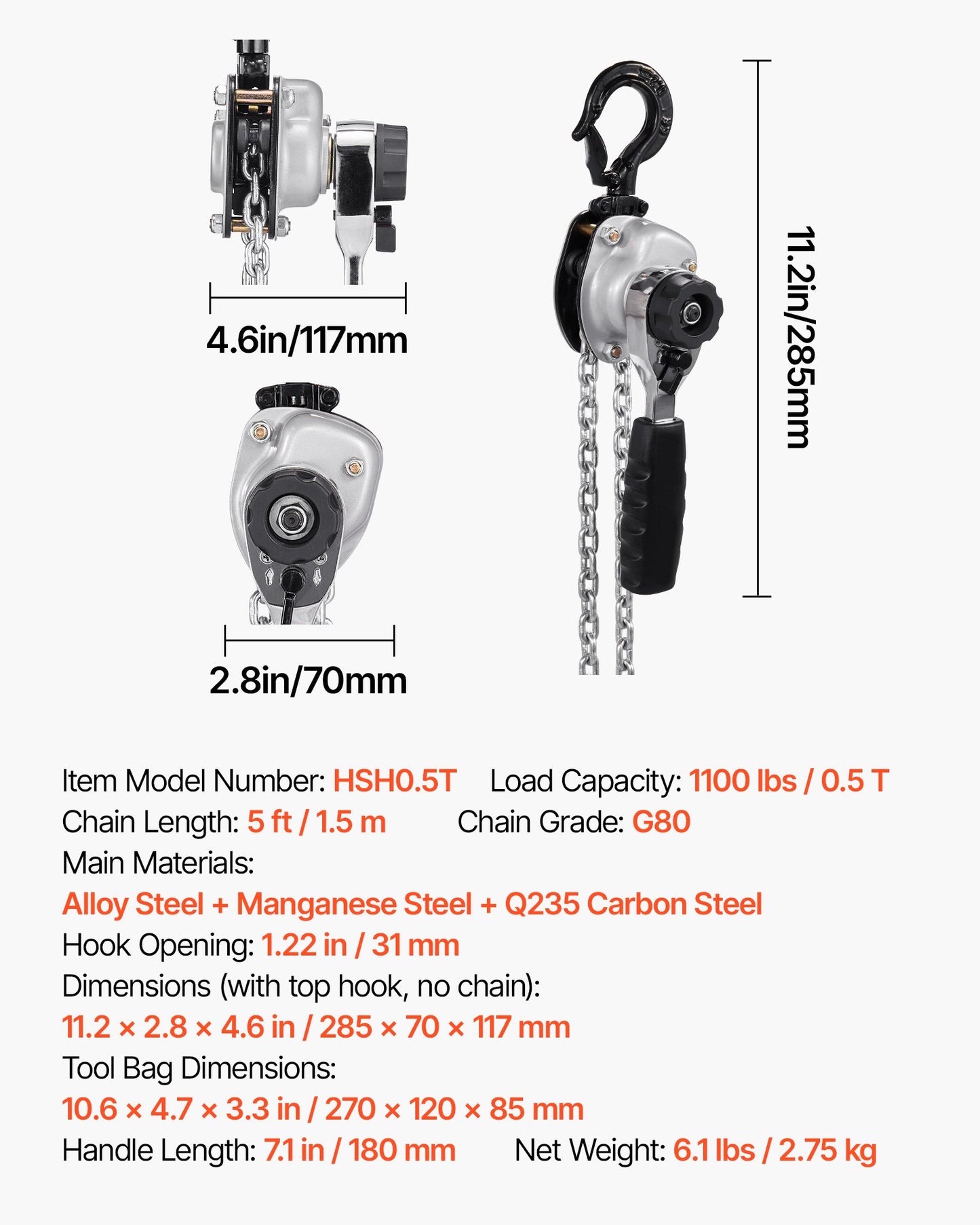 Manual Lever Chain Hoist, 1/2T 500KG Capacity Heavy Duty Come Along, 1.5M Lift G80 Alloy Steel Chain With Dual Pawl Mechanical Brake, 360° Rotating Hooks, for Warehouse Construction Garage