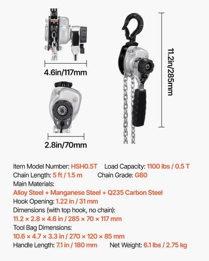 Manual Lever Chain Hoist, 1/2T 500KG Capacity Heavy Duty Come Along, 1.5M Lift G80 Alloy Steel Chain With Dual Pawl Mechanical Brake, 360° Rotating Hooks, for Warehouse Construction Garage