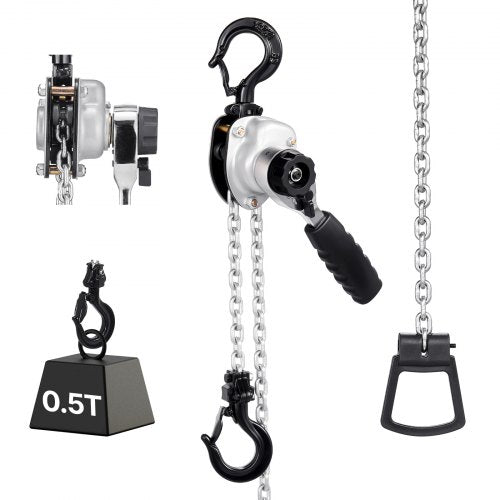 Manual Lever Chain Hoist, 1/2T 500KG Capacity Heavy Duty Come Along, 3M Lift G80 Alloy Steel Chain With Dual Pawl Mechanical Brake, 360° Rotating Hooks, for Warehouse Construction Garage