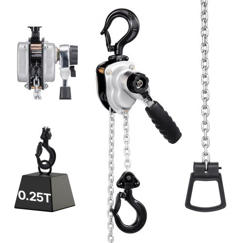 Manual Lever Chain Hoist, 1/4T 250KG Capacity Heavy Duty Come Along, 1.5M Lift G80 Alloy Steel Chain With Dual Pawl Mechanical Brake, 360° Rotating Hooks, for Warehouse Construction Garage