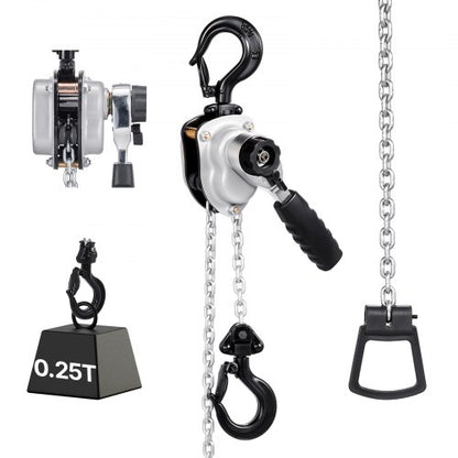 Manual Lever Chain Hoist, 1/4T 250KG Capacity Heavy Duty Come Along, 1.5M Lift G80 Alloy Steel Chain With Dual Pawl Mechanical Brake, 360° Rotating Hooks, for Warehouse Construction Garage