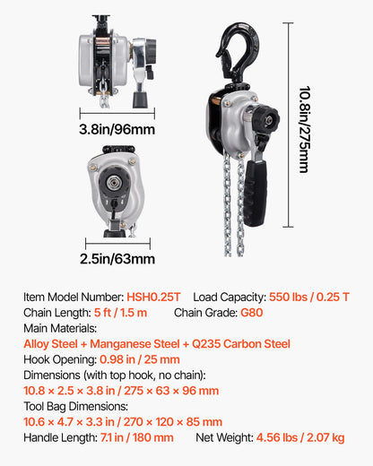 Manual Lever Chain Hoist, 1/4T 250KG Capacity Heavy Duty Come Along, 1.5M Lift G80 Alloy Steel Chain With Dual Pawl Mechanical Brake, 360° Rotating Hooks, for Warehouse Construction Garage