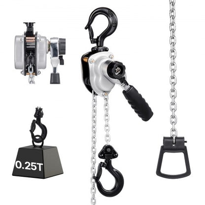Manual Lever Chain Hoist, 1/4T 250KG Capacity Heavy Duty Come Along, 3M Lift G80 Alloy Steel Chain With Dual Pawl Mechanical Brake, 360° Rotating Hooks, for Warehouse Construction Garage