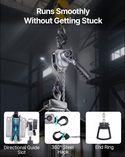 Manual Lever Chain Hoist, 1/4T 250KG Capacity Heavy Duty Come Along, 3M Lift G80 Alloy Steel Chain With Dual Pawl Mechanical Brake, 360° Rotating Hooks, for Warehouse Construction Garage