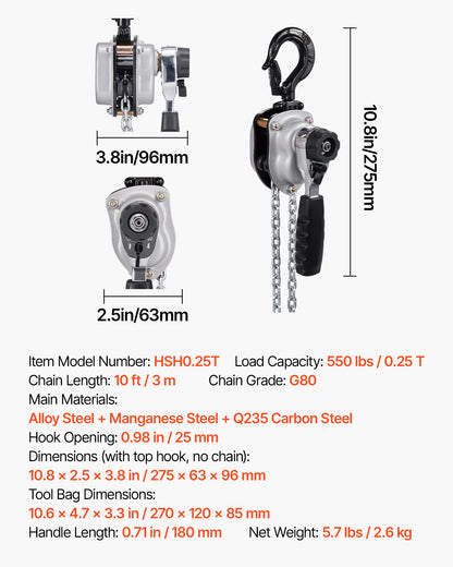 Manual Lever Chain Hoist, 1/4T 250KG Capacity Heavy Duty Come Along, 3M Lift G80 Alloy Steel Chain With Dual Pawl Mechanical Brake, 360° Rotating Hooks, for Warehouse Construction Garage