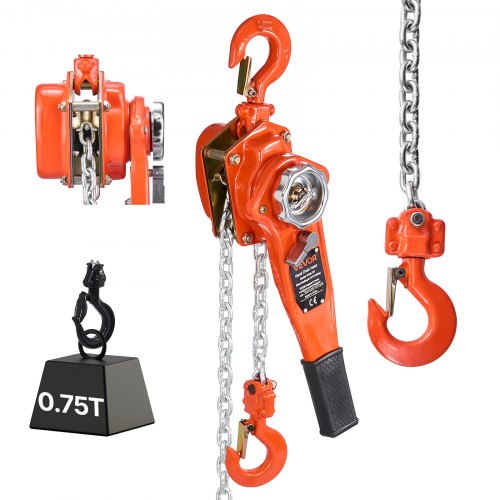 Manual Lever Chain Hoist, 3/4T 750KG Capacity Heavy Duty Come Along, 1.5M Lift G80 Alloy Steel Chain With Dual Pawl Mechanical Brake, 360° Rotating Hooks, for Warehouse Construction Garage