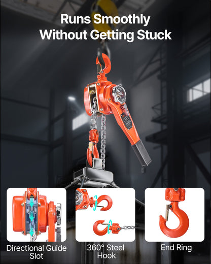 Manual Lever Chain Hoist, 3/4T 750KG Capacity Heavy Duty Come Along, 6M Lift G80 Alloy Steel Chain With Dual Pawl Mechanical Brake, 360° Rotating Hooks, for Warehouse Construction Garage