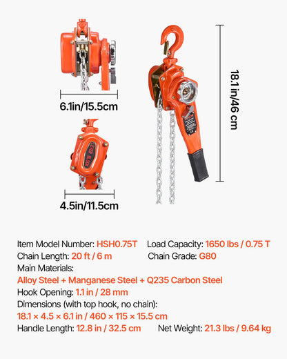 Manual Lever Chain Hoist, 3/4T 750KG Capacity Heavy Duty Come Along, 6M Lift G80 Alloy Steel Chain With Dual Pawl Mechanical Brake, 360° Rotating Hooks, for Warehouse Construction Garage