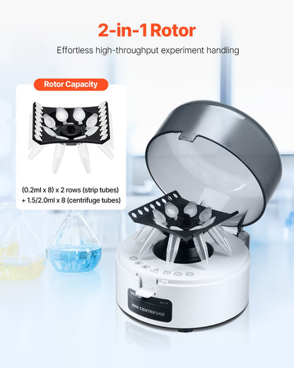 Mini Centrifuge Machine, 3013xg RCF Electric Laboratory Centrifuge Machine with 2-in-1 Rotor for 0.2/1.5/2ml Tube Capacity, Fixed Speed 7000r/min, Low Noise, Widely Used in Various Experiments