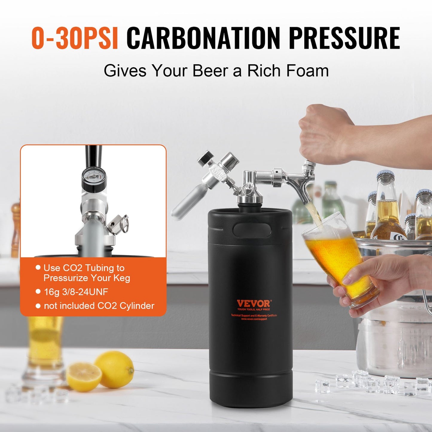Beer Growler Tap System, 128Oz 4L Mini Keg, 304 Stainless Steel Pressurized Beer Growler, Keg Growler with Pressure Display, CO2 Regulator Faucet, Leak-Proof Ring For Draft, Homebrew, Craft Beer
