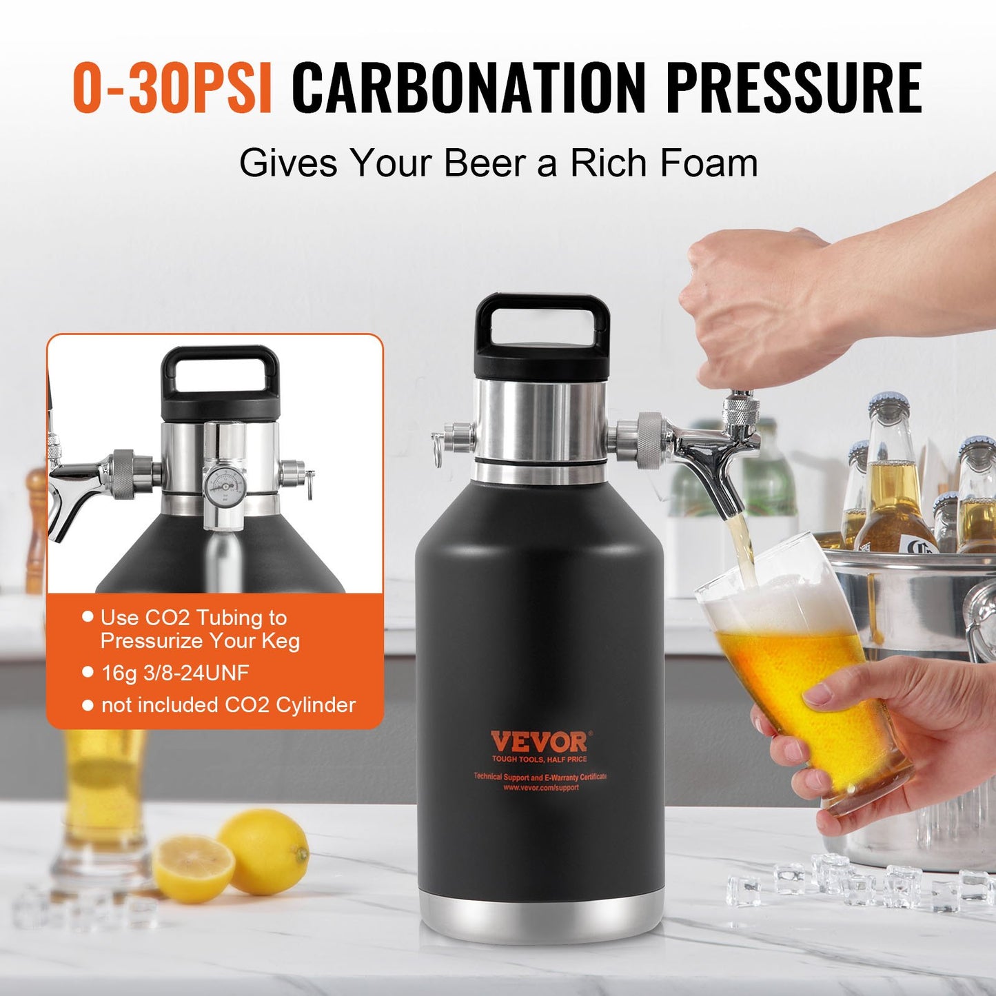 Beer Growler Tap System, 128Oz 4L Mini Keg, 304 Stainless Steel Pressurized Beer Growler, Keg Growler with Pressure Display, CO2 Regulator Faucet, Leak-Proof Ring For Draft, Homebrew, Craft Beer