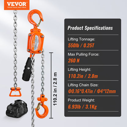 Manual Lever Chain Hoist, 1/4 Ton 250 kg Capacity 3.05m Come Along, G80 Galvanized Carbon Steel with Weston Double-Pawl Brake, Auto Chain Leading & 360° Rotation Hook, for Garage Factory Dock