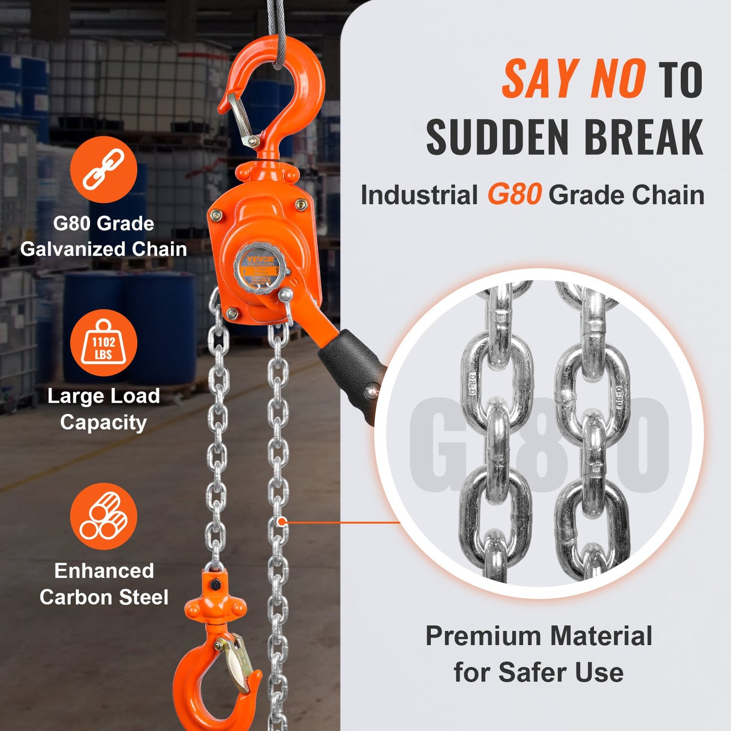 Manual Lever Chain Hoist, 1/2 Ton 499.5 kg Capacity 1.5m Come Along, G80 Galvanized Carbon Steel with Weston Double-Pawl Brake, Auto Chain Leading & 360° Rotation Hook, for Garage Factory Dock