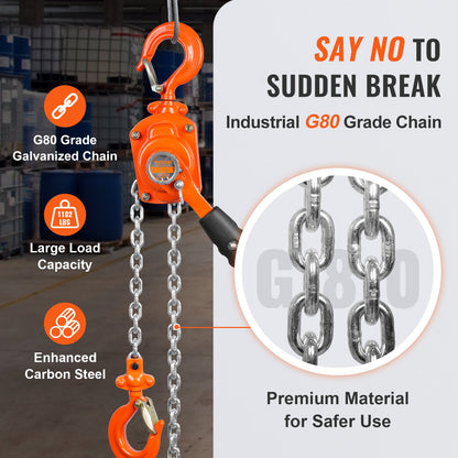 Manual Lever Chain Hoist, 1/2 Ton 499.5 kg Capacity 1.5m Come Along, G80 Galvanized Carbon Steel with Weston Double-Pawl Brake, Auto Chain Leading & 360° Rotation Hook, for Garage Factory Dock