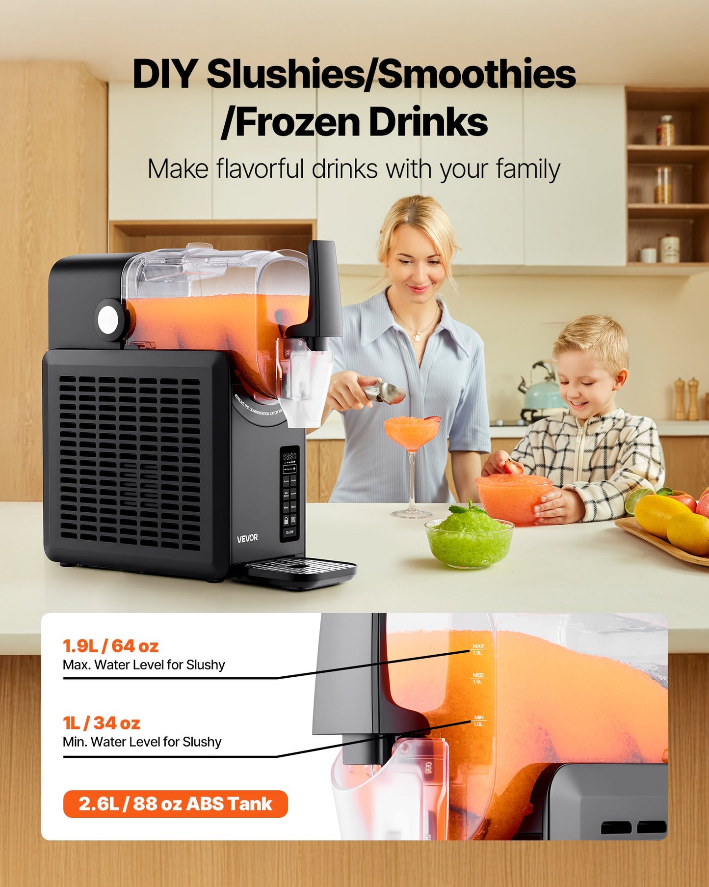 Slushie-maskin, 2,6 l/88 oz, ingen is behövs, slushmaskin för hemmet, fryst dryckesmaskin med 5 förinställda program, margaritamaskin med självrengöring, frysta margaritas, frappés, milkshake och mer