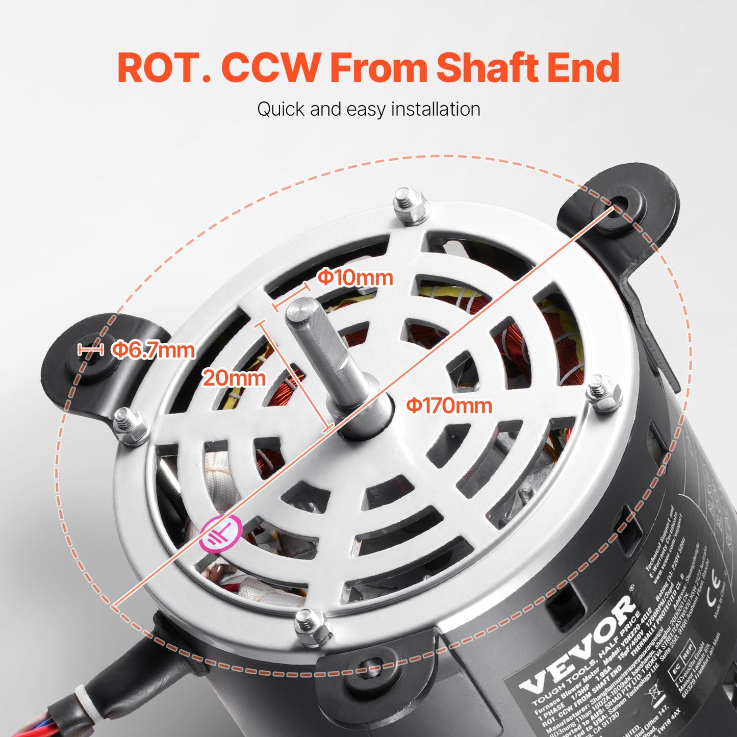1/3HP Furnace Blower Motor, 220V 1.95Amps, 1250RPM 3-Speed, 10mm Shaft Diameter, 20mm Shaft Length, ROT. CCW from Shaft End, Includes CBB60 15μF/450V Capacitor