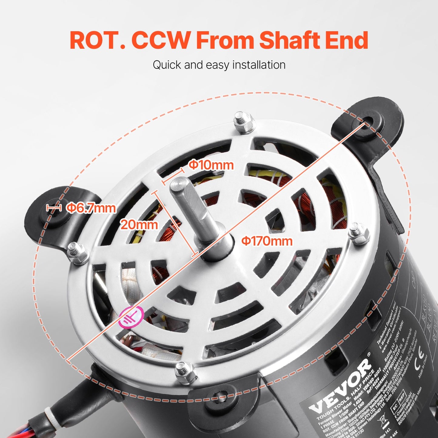 1/5HP Furnace Blower Motor, 220V 1.45Amps, 1100RPM 3-Speed, 10mm Shaft Diameter, 20mm Shaft Length, ROT. CCW from Shaft End, Includes CBB60 8μF/450V Capacitor