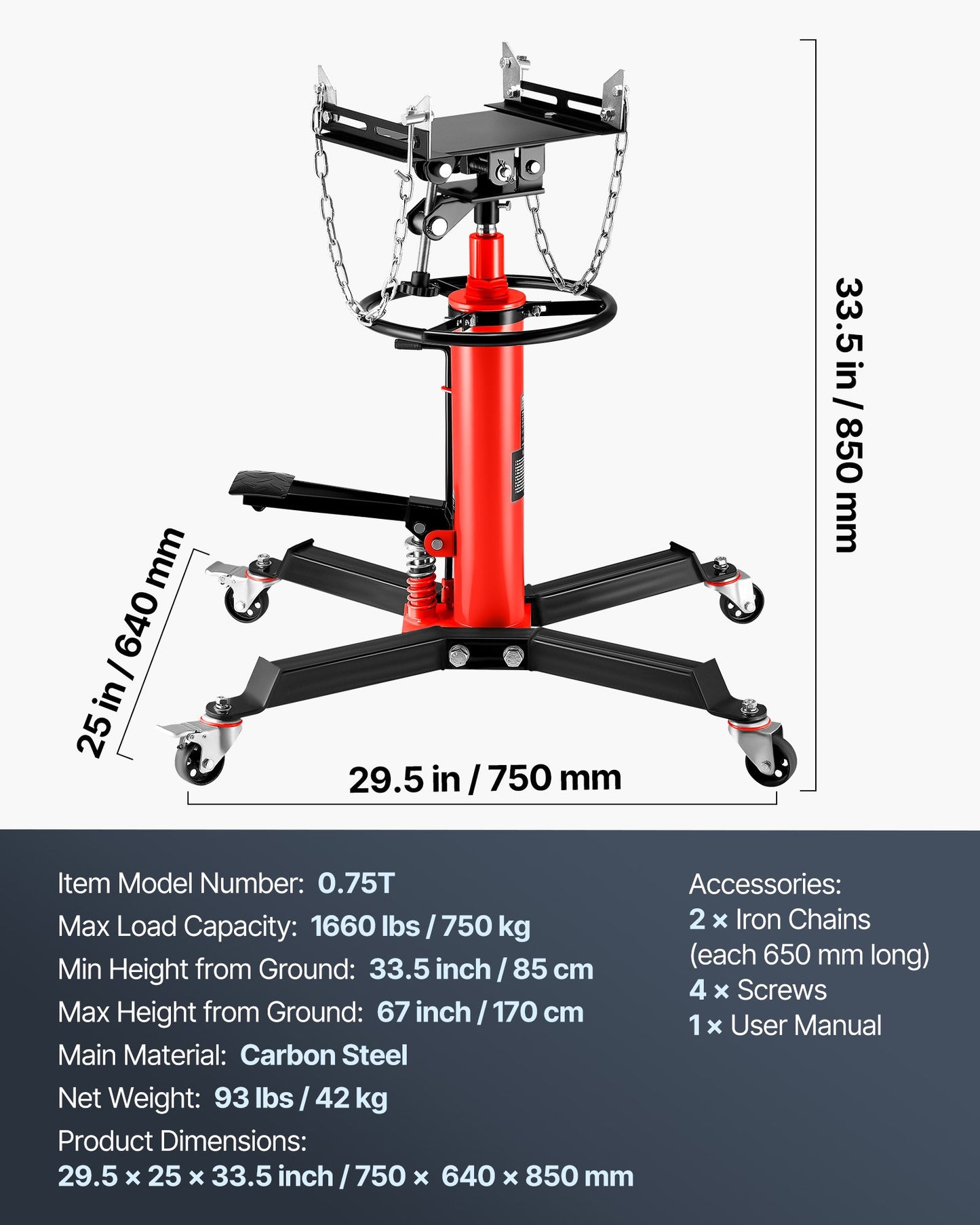 Transmission Jack,0.75 Ton/1660 lbs Capacity Hydraulic Telescopic Transmission Jack, 2-Stage Floor Jack Stand with Foot Pedal, 360° Swivel Wheel, Garage/ Shop Lift Hoist, Red