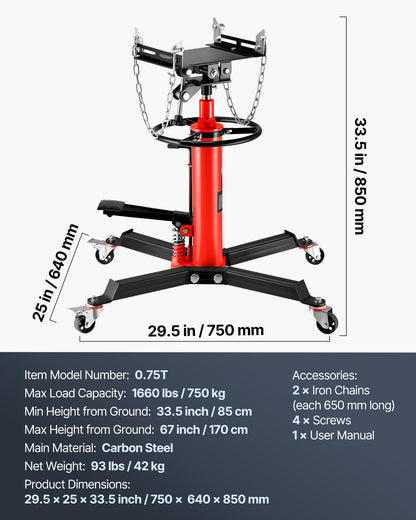 Transmission Jack,0.75 Ton/1660 lbs Capacity Hydraulic Telescopic Transmission Jack, 2-Stage Floor Jack Stand with Foot Pedal, 360° Swivel Wheel, Garage/ Shop Lift Hoist, Red
