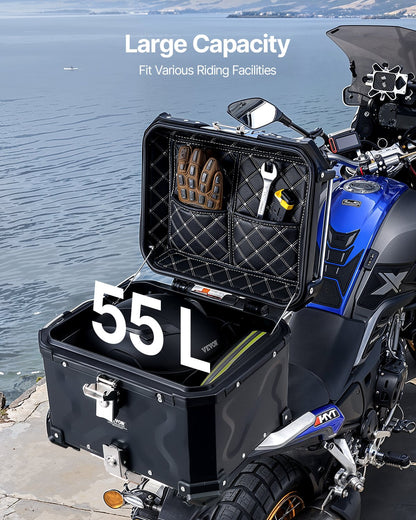 Motorcycle Top Case, Universal Aluminum Alloy Motorbike Tail Box with Leather Lining, 55L Waterproof Detachable Motorcycle Top Box with Lock & Back Cushion, Fit for 99% of Motorcycle Frames