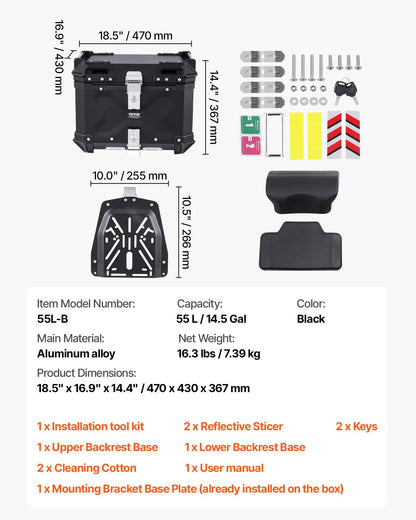 Motorcycle Top Case, Universal Aluminum Alloy Motorbike Tail Box with Leather Lining, 55L Waterproof Detachable Motorcycle Top Box with Lock & Back Cushion, Fit for 99% of Motorcycle Frames
