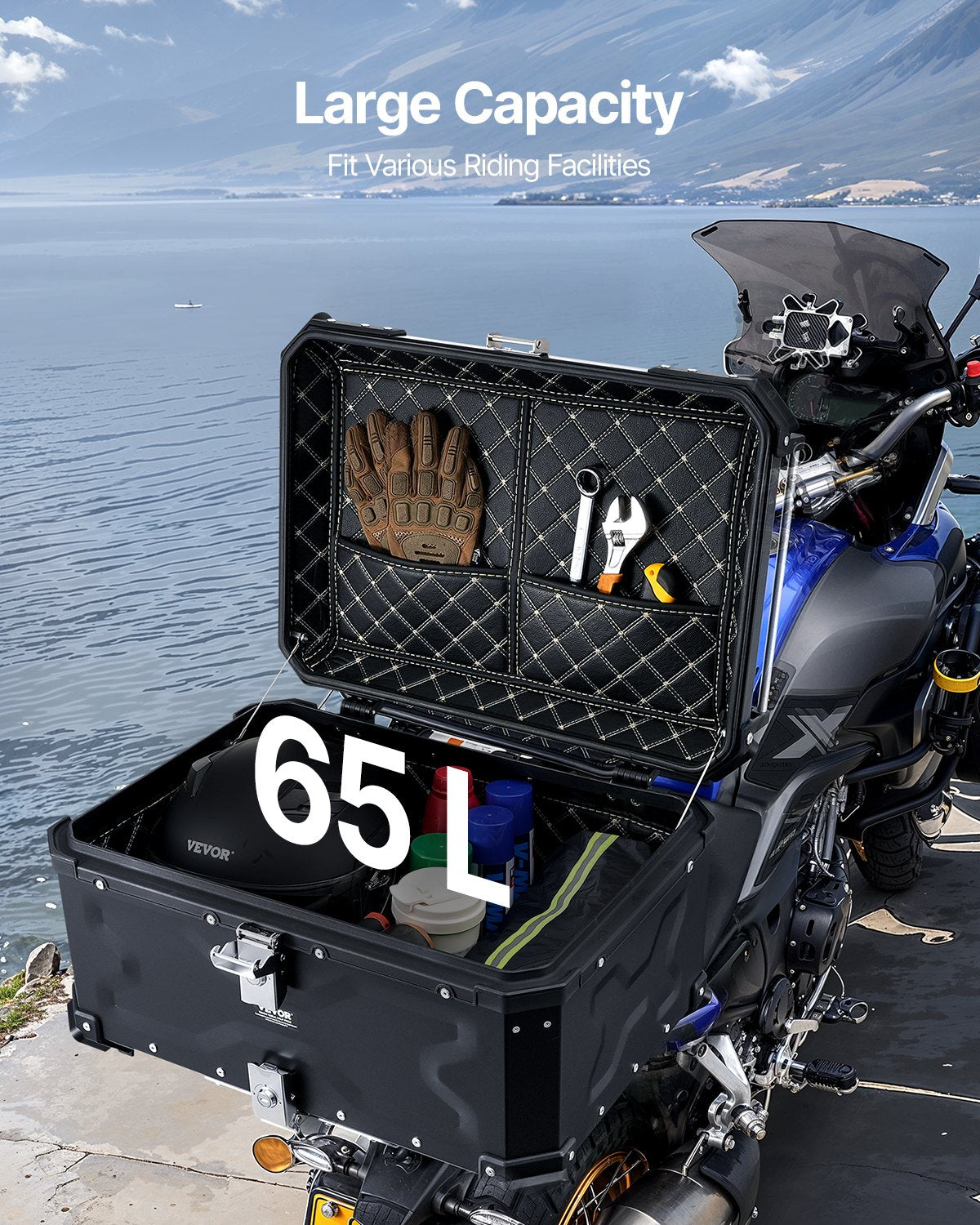 Motorcycle Top Case, Universal Aluminum Alloy Motorbike Tail Box with Leather Lining, 65L Waterproof Detachable Motorcycle Top Box with Lock & Back Cushion, Fit for 99% of Motorcycle Frames