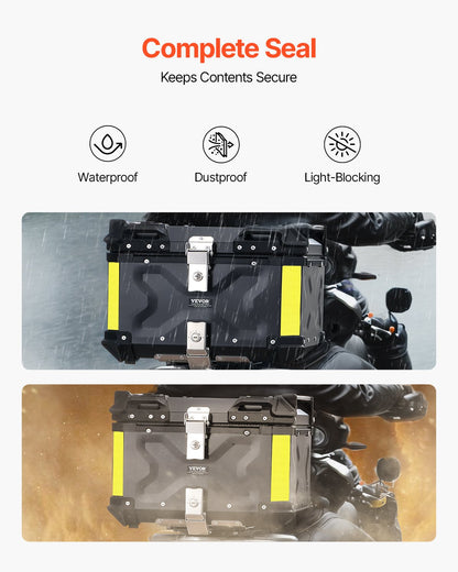 Motorcycle Top Case, Universal Aluminum Alloy Motorbike Tail Box with Leather Lining, 65L Waterproof Detachable Motorcycle Top Box with Lock & Back Cushion, Fit for 99% of Motorcycle Frames