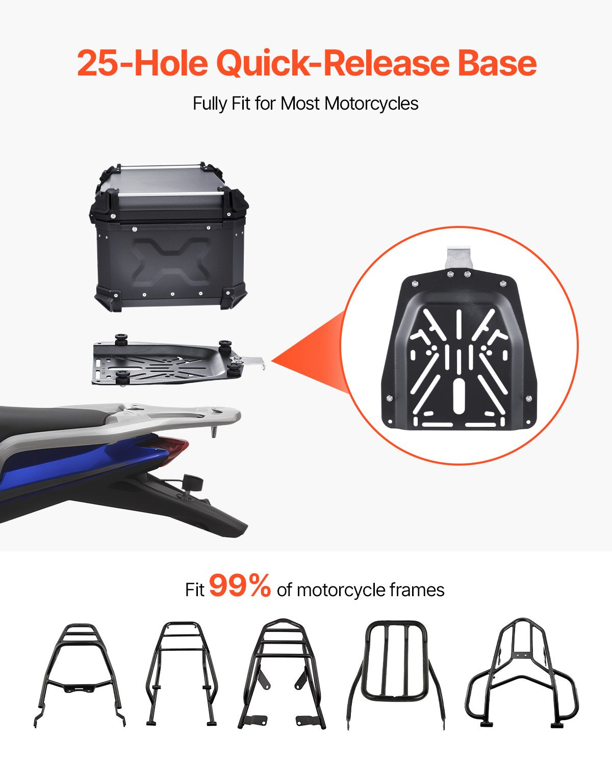 Motorcycle Top Case, Universal Aluminum Alloy Motorbike Tail Box with Leather Lining, 65L Waterproof Detachable Motorcycle Top Box with Lock & Back Cushion, Fit for 99% of Motorcycle Frames