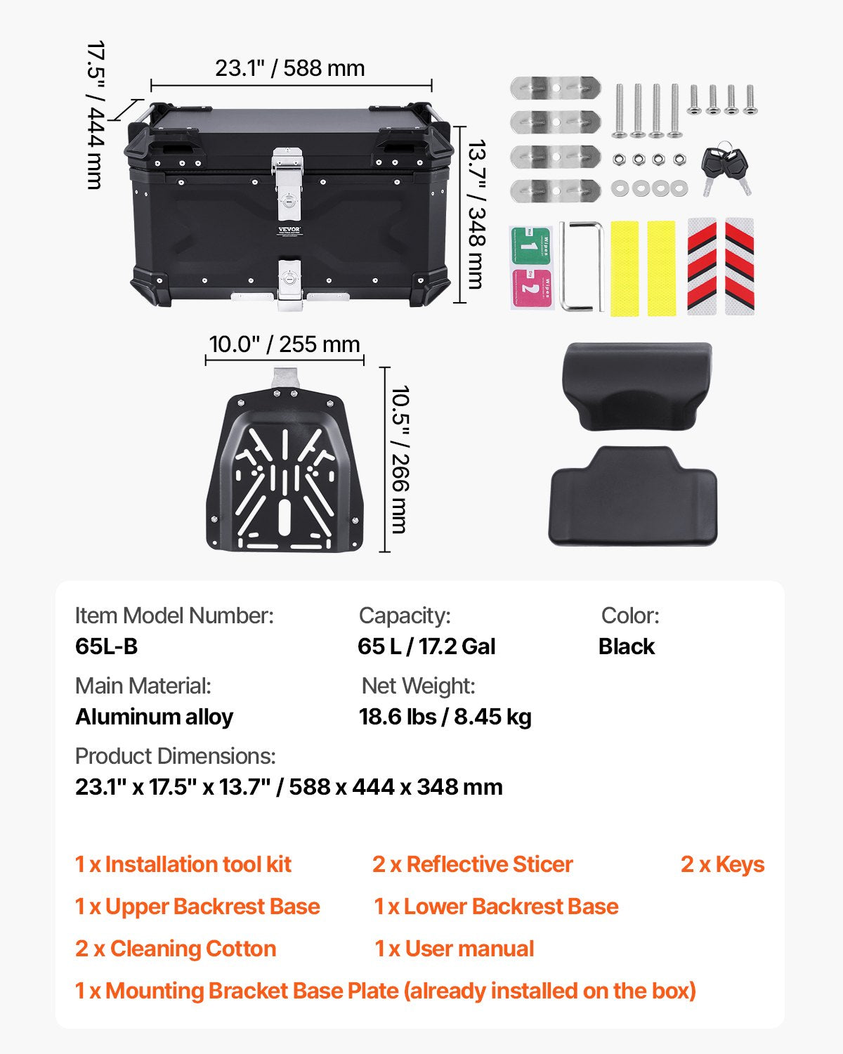 Motorcycle Top Case, Universal Aluminum Alloy Motorbike Tail Box with Leather Lining, 65L Waterproof Detachable Motorcycle Top Box with Lock & Back Cushion, Fit for 99% of Motorcycle Frames