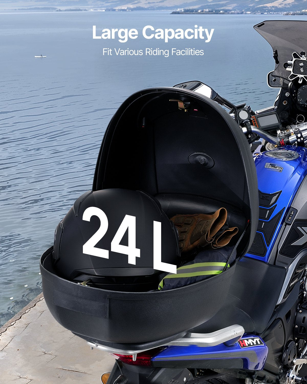 Motorcycle Top Case, Universal Durable PP Material Motorbike Tail Box with Reflective Panel, 24L Waterproof Detachable Motorcycle Top Box with Multi-Hole Base, Fit for 99% of Motorcycle Frames