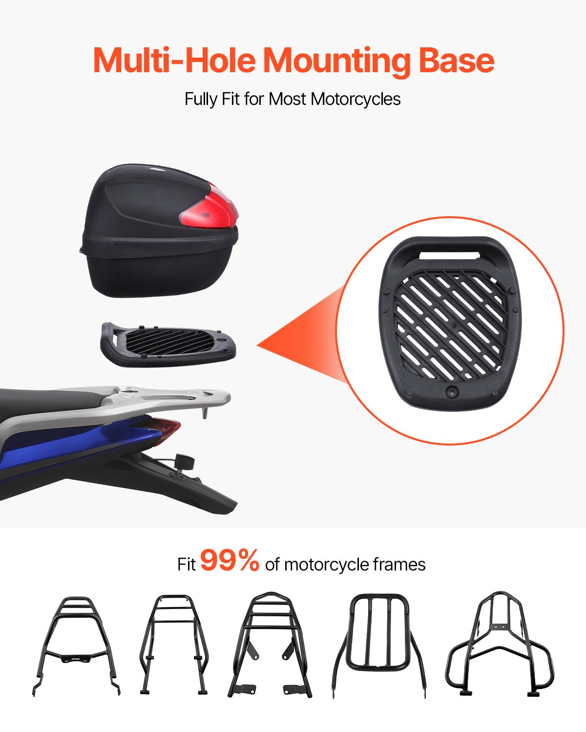 Motorcycle Top Case, Universal Durable PP Material Motorbike Tail Box with Reflective Panel, 24L Waterproof Detachable Motorcycle Top Box with Multi-Hole Base, Fit for 99% of Motorcycle Frames