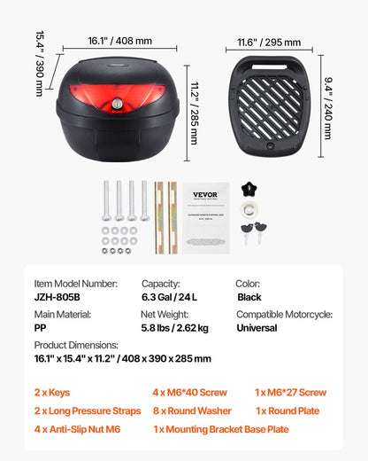 Motorcycle Top Case, Universal Durable PP Material Motorbike Tail Box with Reflective Panel, 24L Waterproof Detachable Motorcycle Top Box with Multi-Hole Base, Fit for 99% of Motorcycle Frames