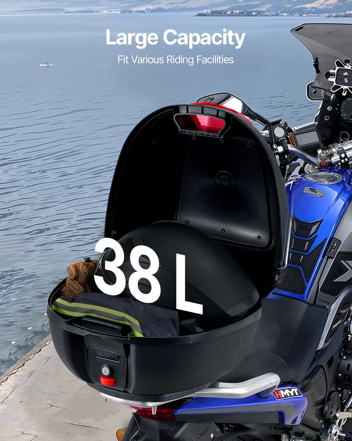 Motorcycle Top Case, Universal Durable PP Material Motorbike Tail Box with Reflective Panel, 38L Waterproof Detachable Motorcycle Top Box with Multi-Hole Base, Fit for 99% of Motorcycle Frames