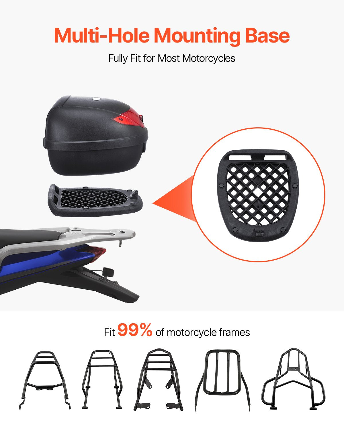 Motorcycle Top Case, Universal Durable PP Material Motorbike Tail Box with Reflective Panel, 38L Waterproof Detachable Motorcycle Top Box with Multi-Hole Base, Fit for 99% of Motorcycle Frames