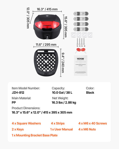 Motorcycle Top Case, Universal Durable PP Material Motorbike Tail Box with Reflective Panel, 38L Waterproof Detachable Motorcycle Top Box with Multi-Hole Base, Fit for 99% of Motorcycle Frames