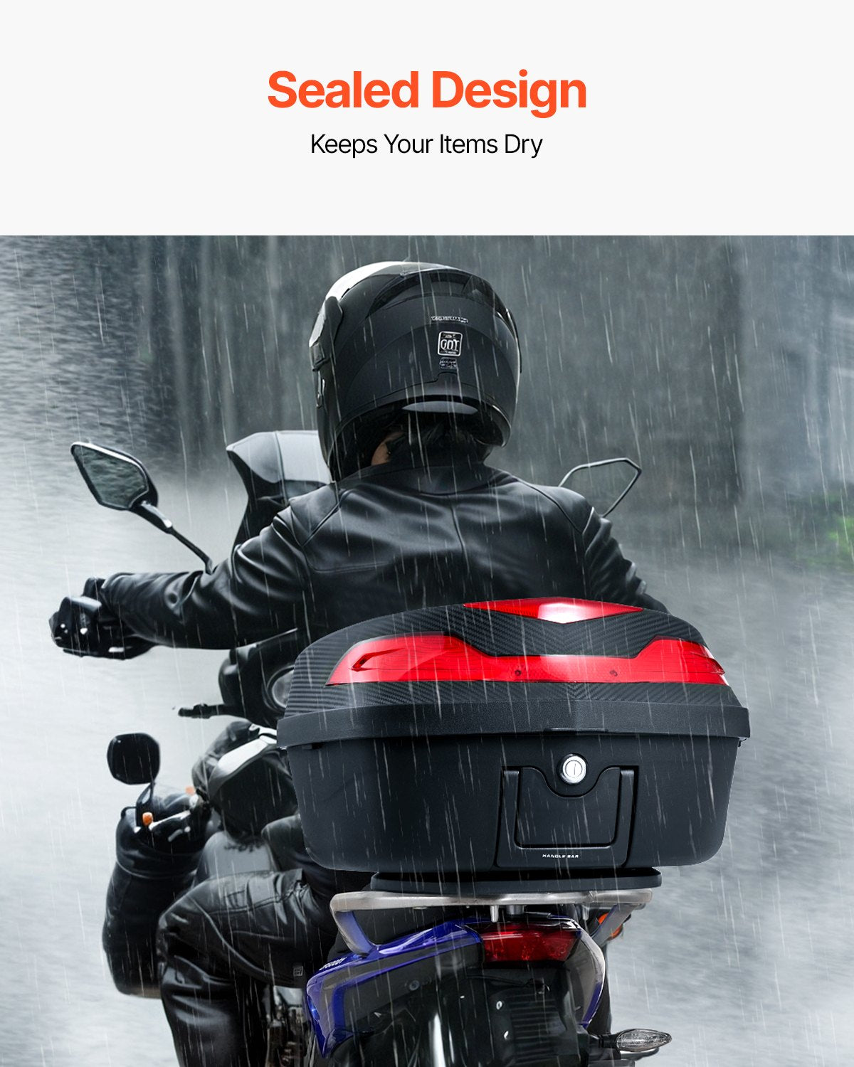 Motorcykeltoppbox, universal, slitstark PP-material, bakbox med reflekterande panel, 48L vattentät, avtagbar toppbox med bas med flera hål, passar 99 % av motorcykelramar