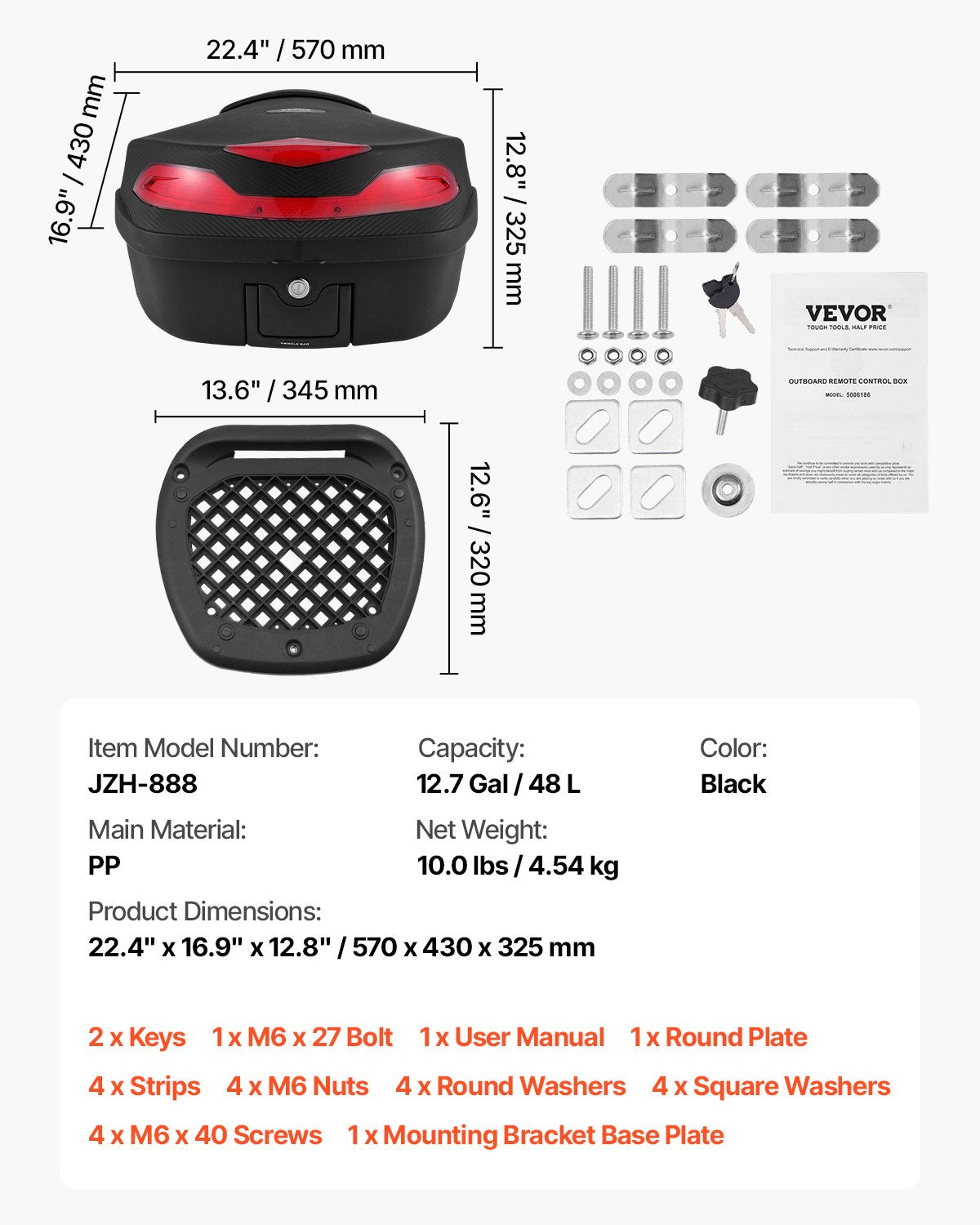 Motorcykeltoppbox, universal, slitstark PP-material, bakbox med reflekterande panel, 48L vattentät, avtagbar toppbox med bas med flera hål, passar 99 % av motorcykelramar