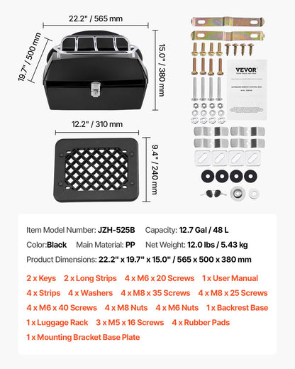 Motorcykeltoppbox, universal, slitstark PP-material bakbox för motorcykel med reflekterande panel, 48L vattentät, avtagbar toppbox för motorcykel med bas med flera hål, passar 99 % av motorcykelramar
