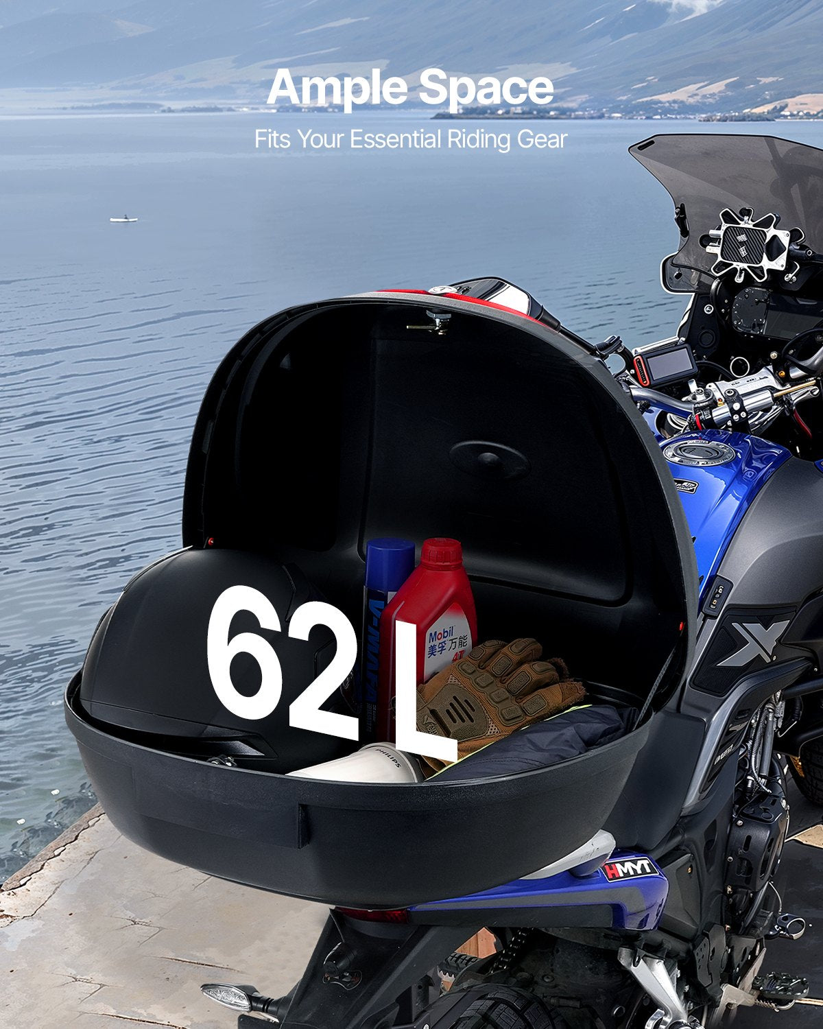 Motorcycle Top Case, Universal Durable PP Material Motorbike Tail Box with Reflective Panel, 62L Waterproof Detachable Motorcycle Top Box with Multi-Hole Base, Fit for 99% of Motorcycle Frames