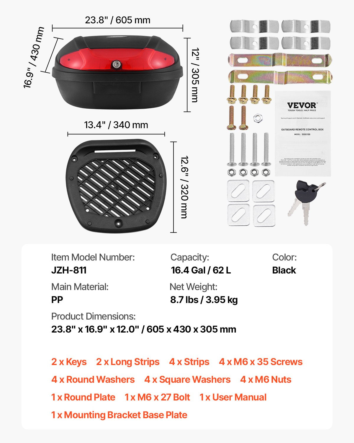 Motorcycle Top Case, Universal Durable PP Material Motorbike Tail Box with Reflective Panel, 62L Waterproof Detachable Motorcycle Top Box with Multi-Hole Base, Fit for 99% of Motorcycle Frames