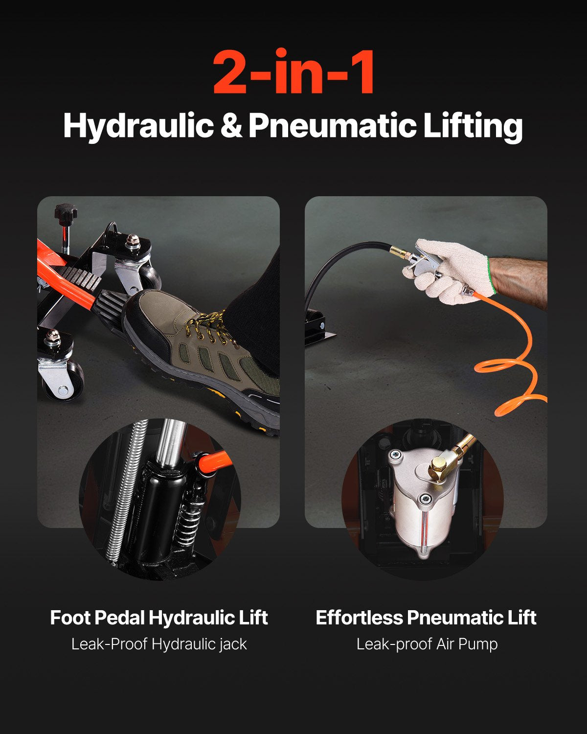 Motorcykellyft, 1500lbs viktkapacitet, hydraulisk och pneumatisk domkraft, 4,1-15 tums höjdintervall, kraftigt motorcykelreparationsställ med avtagbar ramp med 2 hjul för ATV, crossmotorcykel