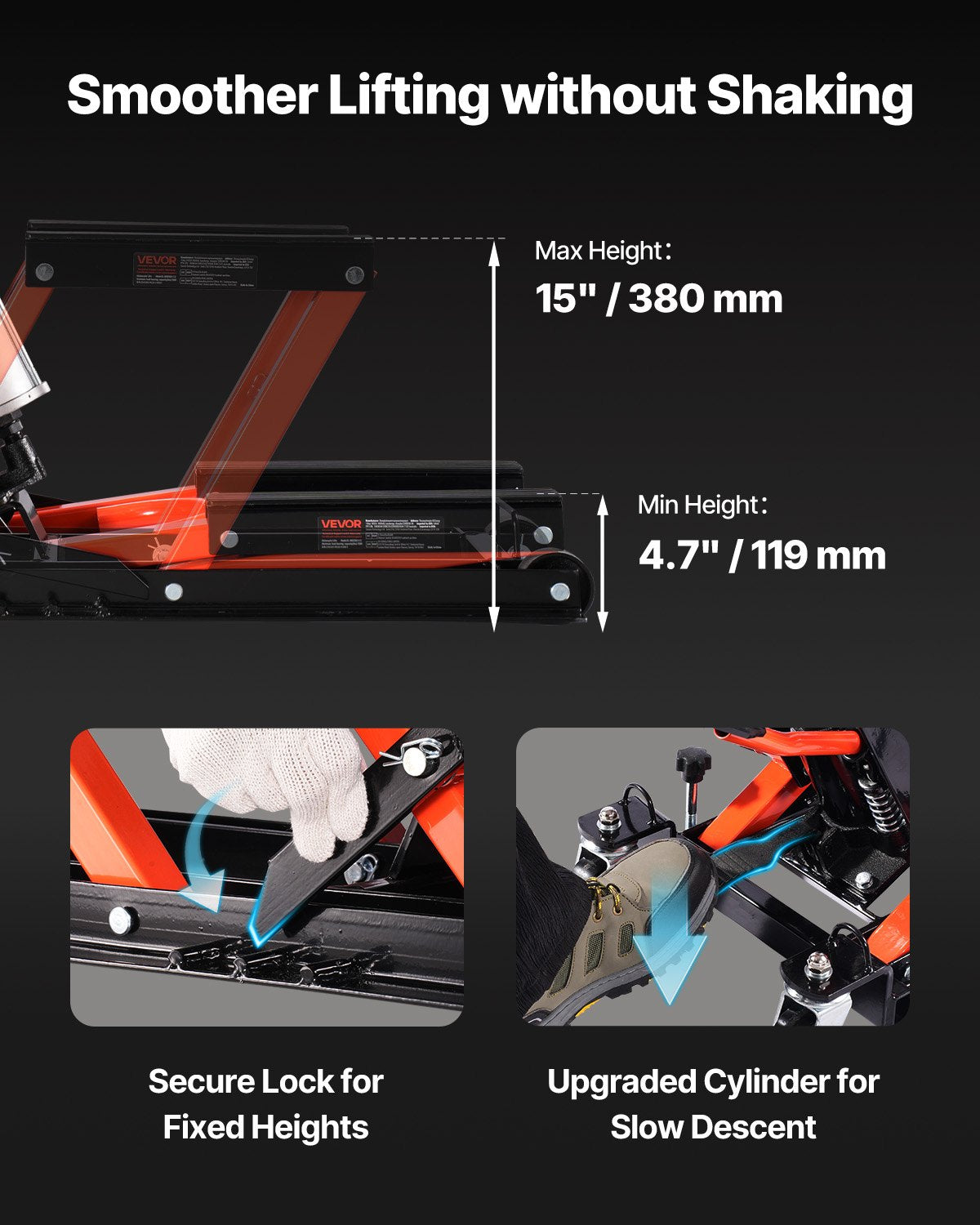 Motorcykellyft, 1500lbs viktkapacitet, hydraulisk och pneumatisk domkraft, 4,1-15 tums höjdintervall, kraftigt motorcykelreparationsställ med avtagbar ramp med 2 hjul för ATV, crossmotorcykel