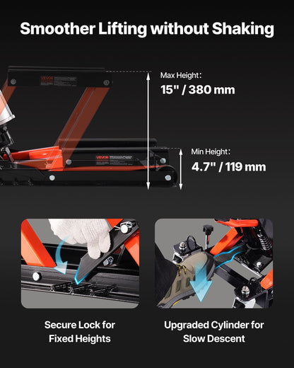 Motorcykellyft, 1500lbs viktkapacitet, hydraulisk och pneumatisk domkraft, 4,1-15 tums höjdintervall, kraftigt motorcykelreparationsställ med avtagbar ramp med 2 hjul för ATV, crossmotorcykel