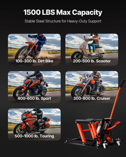 Motorcykellyft, 1500lbs viktkapacitet, hydraulisk och pneumatisk domkraft, 4,1-15 tums höjdintervall, kraftigt motorcykelreparationsställ med avtagbar ramp med 2 hjul för ATV, crossmotorcykel