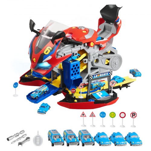 Motorcycle Engine Toy, 25 Pieces, Motorcycle Mechanic Toy with Removable Parts, Lights & Sounds, Simulated Riding & Track Racing, Kids Mechanic Workshop Set for Toddler 3 Years and Up, Red