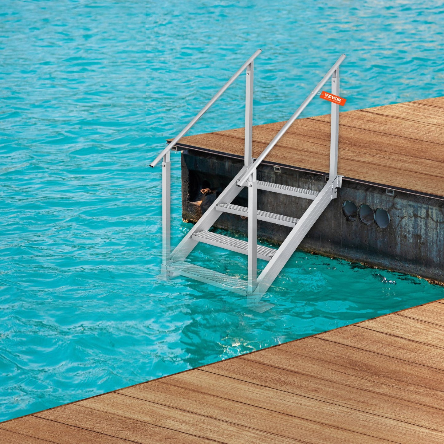 Bryggstege med 4 steg, bryggtrappa 30''-38'' justerbar höjd, 500 lbs lastkapacitet, pontonbåtstege i aluminium med dubbla ledstänger och halkfri pedal för ombordstigning på fartyg/sjö/pool/marin