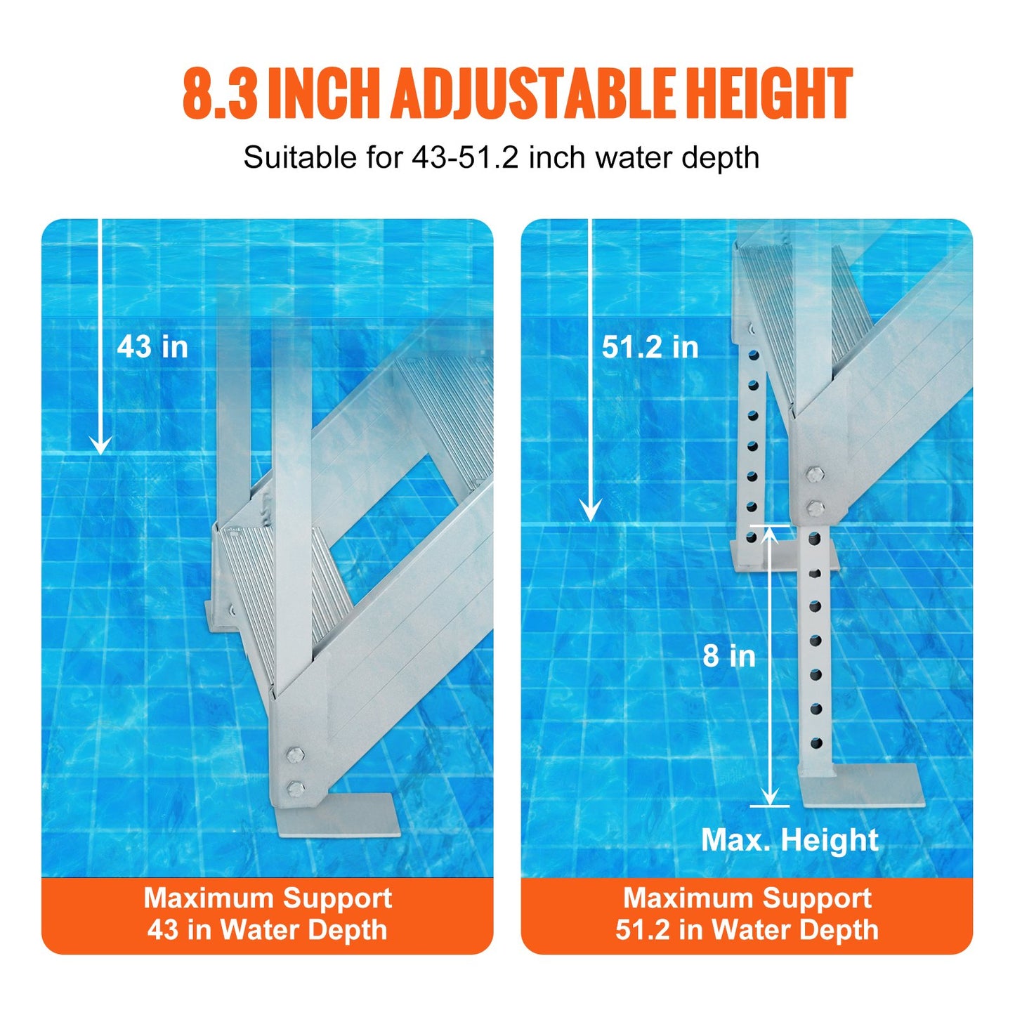 Aluminum Dock Ladder Boat Dock Ladder 43-51in/109.2-129.5 cm Height Adjustable 6 Steps
