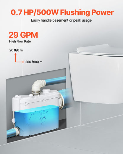 Macerator Pump, 500W, 6600 L/h Flow, 26.2 ft/8 m Head, Macerator Sewerage Sump Pump with 3 Water Inlets for Toilet, Basement, Kitchen, Sink, Shower, Bathtub Waste Water Disposal Upflush Machine