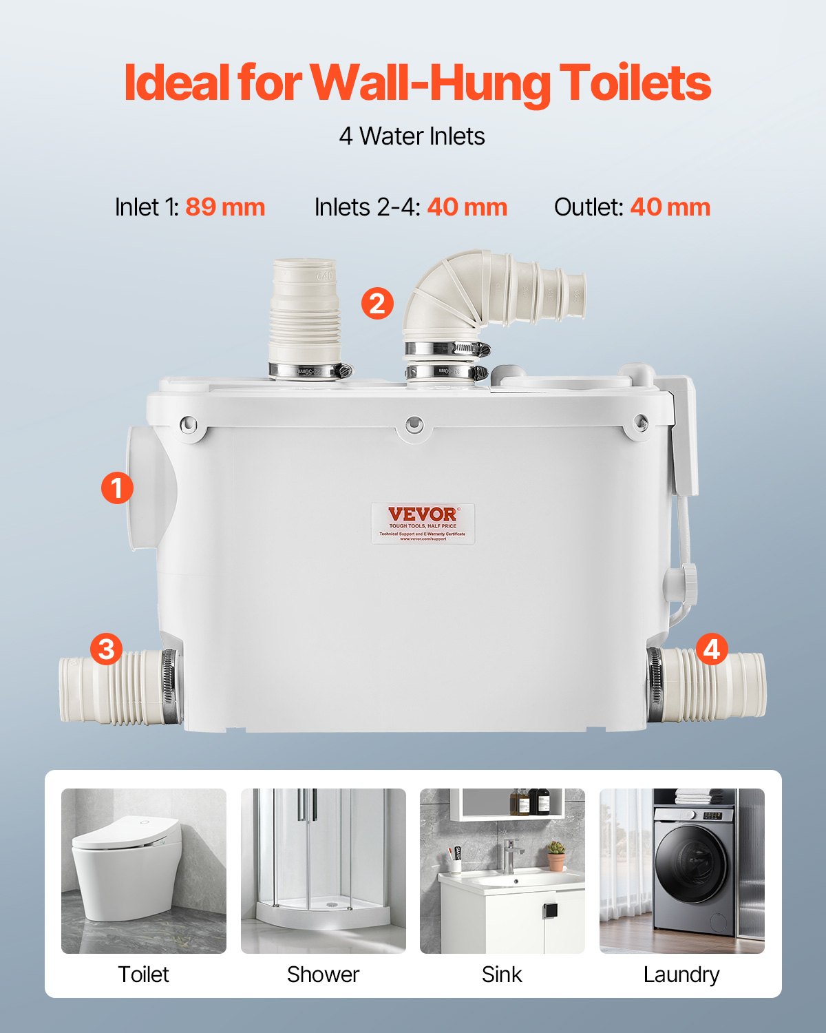 Maceratorpump, 500 W, 6600 l/h flöde, 8 m tryck, macerator avloppspump med 3 vatteninlopp för toalett, källare, kök, handfat, dusch, badkar, avloppsvattenavfallshantering, uppspolningsmaskin