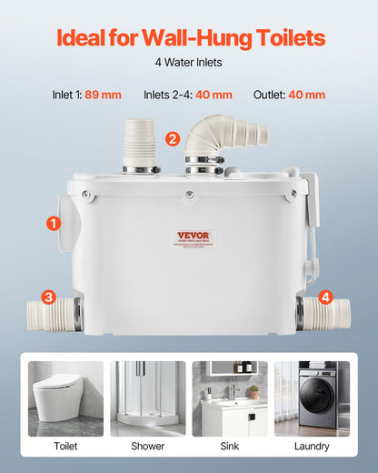Maceratorpump, 500 W, 6600 l/h flöde, 8 m tryck, macerator avloppspump med 3 vatteninlopp för toalett, källare, kök, handfat, dusch, badkar, avloppsvattenavfallshantering, uppspolningsmaskin